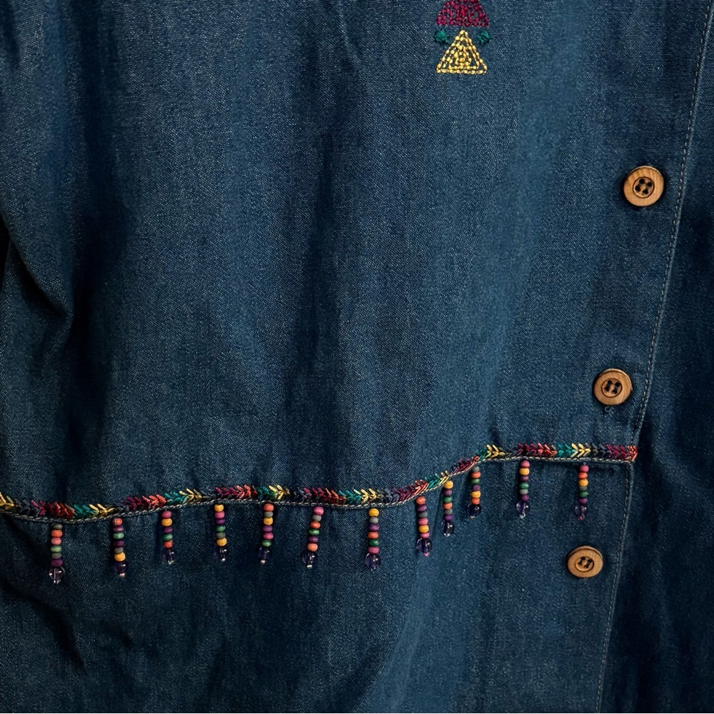 🔴 Koret City Blues Vintage 90s Embroidered Beaded Denim Shirt Art to Wear Large - Picture 6 of 10